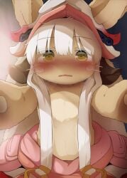 2_tone_fur ambiguous_gender blush brown_fur bunny_ears dagasi first_person_view green_eyes helmet inevitable_kiss light_brown_fur looking_at_viewer looking_down_at_viewer made_in_abyss nanachi narehate nervous open_mouth over_viewer pinned_down sweatdrop sweating white_hair