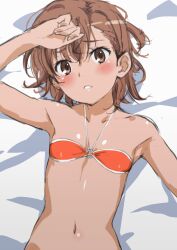 1girls 2020s 2023 absurd_res armpits bandeau bare_shoulders bed_sheet bikini blush breasts brown_eyes brown_hair brunette collarbone female hand_on_own_head hi_res looking_at_viewer matching_hair/eyes midriff misaka_mikoto navel o-ring o-ring_top on_back orange_bikini orange_swimsuit parted_lips short_hair shou937 small_breasts solo swimsuit teenage_girl teenager to_aru_kagaku_no_railgun to_aru_majutsu_no_index upper_body young