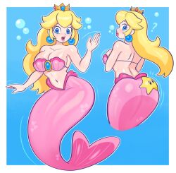 1girls ass blonde_hair blue_eyes breasts female female_only luma_draws mario_(series) mermaid mermaid_ass mermaid_girl mermaid_tail mermaid_transformation nintendo pink_tail princess_peach seashell_bra solo super_mario_bros. swimming tagme underwater water