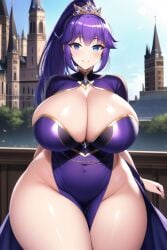 ai_generated blue_eyes castle_background cleavage curvaceous curvy curvy_figure dress gigantic_breasts huge_breasts huge_hips looking_at_viewer nai_diffusion ponytail princess purple_clothing purple_hair seductive_smile shiny_clothes shiny_hair shiny_skin stable_diffusion thick_thighs thunder_thighs voluptuous wide_hips