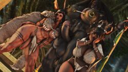 1girls 2futas abs big_penis black_lipstick black_skin dark-skinned_futanari dickgirl erection fangs final_fantasy final_fantasy_xiv functionally_nude futanari glowing_eyes gpose(ffxiv) gynomorph huge_balls huge_breasts huge_cock intersex lip_piercing loincloth loincloth_aside looking_at_viewer muscular_futanari pubic_hair sagging_balls sagging_breasts size_difference skindentation tribal tribal_clothing tribal_markings viera voluptuous xivvanta