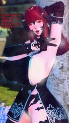 3d alice_mori armpits au_ra dialogue final_fantasy final_fantasy_xiv horns necrosisxiii pubic_hair red_eyes red_hair scales sideboob sweat