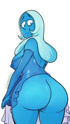 1girls ass blue_body blue_diamond_(steven_universe) blue_eyes blue_hair blue_skin blushmallet boobs_and_butt_pose cartoon_network clothed clothing diamond_authority dress dress_lift exposed_ass exposed_pussy gem_(species) giantess looking_back mature_female side_view sideboob steven_universe