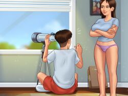 1boy 1girls 2d bedroom black_border bottomwear brown_hair caught caught_in_4k clothed clothing darkcookie detailed_background digital_drawing_(artwork) digital_media_(artwork) duo duo_focus female female_focus jenny_(summertime_saga) light-skinned_female light-skinned_male light_skin long_hair looking_at_partner main_character_(summertime_saga) male male/female naughty_face naughty_smile on_back on_floor panties pants room shirt shorts sitting standing summertime_saga tank_top telescope topwear underwear walking_in_on window