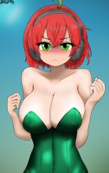 1girls ahoge bangs bare_shoulders blush breasts cleavage clenched_hands collarbone greatcorn_(artist) green_eyes green_leotard headphones large_breasts leotard looking_at_viewer red_hair short_hair solo vebra