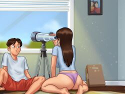 1boy 1girls 2d ass bedroom big_ass black_border bottomwear brown_hair bulge bulge_through_clothing caught caught_in_4k clothed clothing curvy curvy_body curvy_female curvy_figure darkcookie detailed_background digital_drawing_(artwork) digital_media_(artwork) duo duo_focus female female_focus jenny_(summertime_saga) light-skinned_female light-skinned_male light_skin long_hair looking_at_partner main_character_(summertime_saga) male male/female on_back on_floor on_knees panties pants room shirt shorts sitting summertime_saga surprised surprised_expression tank_top telescope thick_ass topwear underwear walking_in_on window