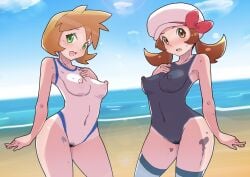 2girls areolae armpits asymmetrical_hair bare_legs blush bodypaint breasts brown_eyes brown_hair completely_nude cowboy_shot female female_only female_pubic_hair game_freak gen_2_pokemon gen_4_pokemon green_eyes gym_leader hat headwear highres hips kasumi_(pokemon) legs lyra_(pokemon) masamu_(leonore69) medium_breasts multiple_girls navel nintendo nipples nude nude_female open_mouth orange_hair painted_clothes pokemon pokemon_(game) pokemon_gsc pokemon_hgss pubic_hair short_hair thick_thighs thighs tied_hair twintails