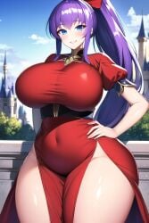 ai_generated blue_eyes castle_background curvaceous curvy curvy_figure dress gigantic_breasts huge_breasts huge_hips looking_at_viewer nai_diffusion ponytail princess purple_hair red_dress seductive_smile shiny_clothes shiny_hair shiny_skin stable_diffusion thick_thighs thunder_thighs voluptuous wide_hips