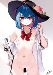 alternate_hair_length alternate_hairstyle bar_censor blue_hair bottomless bow bowtie censored colored_inner_hair cowboy_shot female flat_chest food fruit hair_between_eyes hand_on_own_hip hand_up hat highres hinanawi_tenshi ke-ta looking_at_viewer medium_hair multicolored_hair nipples open_clothes open_shirt parted_lips peach_(fruit) petite pink_eyes pink_hair puffy_short_sleeves puffy_sleeves red_bow red_bowtie short_sleeves sidelighting signature solo tenshi_hinanawi thigh_gap touhou two-tone_hair undressing