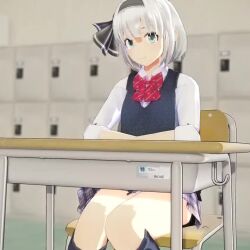 animated desk flashing flashing_panties gray_eyes gray_hair grey_eyes grey_hair locker lockers mofumoko5 mp4 necoi necoi5 no_sound one_eye_closed panties pantyshot school_desk showing_off skirt_lift solo touhou video wink winking_at_viewer youmu_konpaku