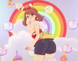 3d 3d_animation :3 animated ass blue_eyes breasts brown_hair female female_only heart heart-shaped_pupils looking_at_viewer may_(pokemon) may_(pokemon_oras) mudkip nipples no_sound partially_clothed playful pokémon_(species) pokemon pokemon_(species) pokemon_oras rainbow red_clothing shorts shorts_down spats tagme teasing tongue tongue_out torchic treecko video wiggle witchanon