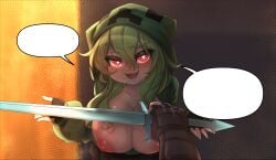 1boy 1girls breasts cleavage creeper creeper-chan creeper_girl female female_focus green_hair male merryweather minecraft mob_talker nipple_slip nipples red_eyes steve_(minecraft) tagme