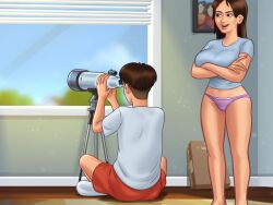 1boy 1girls 2d bedroom black_border bottomwear brown_hair caught caught_in_4k clothed clothing darkcookie detailed_background digital_drawing_(artwork) digital_media_(artwork) duo duo_focus female female_focus jenny_(summertime_saga) light-skinned_female light-skinned_male light_skin long_hair looking_at_partner main_character_(summertime_saga) male male/female naughty_face naughty_smile on_back on_floor panties pants room shirt shorts sitting standing summertime_saga tank_top telescope topwear underwear walking_in_on window