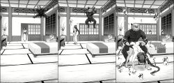 1boy 1girls ambush bed bedroom bent_over black_body breasts censor_bar censored comic doggy_style genshin_impact hilichurls_(species) kimono mask monochrome monster muscular muscular_male nipples penis raiden_shogun rape sex sliding_doors surprised