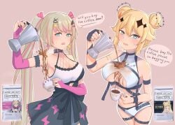 2girls blonde_hair blue_eyes boob_window clothed clothing coffee coffee_cup coffee_maker_(object) cup degenren double_bun duo english_text female female_only kaneko_lumi light-skinned_female light_skin multiple_girls phase_connect phase_invaders phase_origins pouring pouring_coffee pouring_on_self rinkou_ashelia speech_bubble text virtual_youtuber