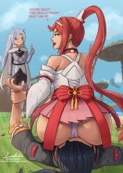 1boy 2girls a_(xenoblade) ass ass_focus ass_on_face background big_ass big_breasts big_butt blue_eyes blue_hair bubble_butt butt color colored doktor_malefic dominant_female domination english_text faceless_male facesitting female female_focus femdom glimmer_(xenoblade) long_hair male malesub matthew_(xenoblade) panties ponytail red_hair short_skirt skirt submissive submissive_male text thick_ass thick_thighs thighs tied_hair xenoblade_(series) xenoblade_chronicles_3 xenoblade_chronicles_3:_future_redeemed