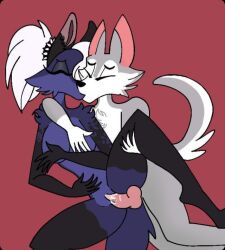 anthro balls black_fur blue_fur breast_fondling cum cum_in_pussy cum_inside fondling french_kissing gloves_(marking) grey_fur hair_ornament hair_over_one_eye hazbin_hotel hellhound helluva_boss holding_leg husky kissing love no_background stockings_(marking) vivziepop white_hair