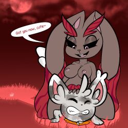 breasts chinchilla closed_eyes dialogue dirty dominant_female ears_down femdom fur gritted_teeth hi_res imminent_rape lagomorph lopunny malesub minccino nipples no_humans pokémon_(species) pokemon pokemon_(species) softestpuffss struggling tagme tail