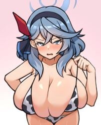 1girls ako_(blue_archive) bikini bikini_bottom bikini_top blue_archive blue_hair blush blushing breasts_bigger_than_head cow_print earring female female_only gehenna_academy_student giant_breasts gigantic_breasts gradient_background hairband hatara_ra huge_breasts hyper_breasts large_breasts prefect_team_(blue_archive) strap_gap tight_fit