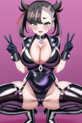 ai_generated blush cameltoe cleavage double_peace_sign double_v garter_straps gloves high_heel_boots large_breasts latex_bodysuit latex_boots marnie_(pokemon) novelai open_mouth pokemon pokemon_ss self_upload squatting thick_thighs thigh_boots v w_arms