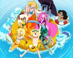 11girls 3boys 6+girls accurate_art_style adventure_time bikini black_bikini blonde_hair blue_bikini blue_skin breakfast_princess bronwyn cake_the_cat cartoon_network cat cleavage_cutout clothing curvy_female dark_skin denise_(adventure_time) dog domino_mask eyewear facing_viewer female finn_the_human fionna_the_human_girl fire_hair flame_princess green_skin hair_over_one_eye headwear human huntress_wizard inker_comics inkershike jake_the_dog knee_up leaf_hair looking_at_viewer male marceline medium_breasts multiple_girls orange_bikini orange_skin pale_skin partially_submerged pink_bikini pink_hair pink_skin princess_bubblegum purple_bikini shapeshifter simon_petrikov smile swimsuit swimwear tagme umbrella vampire water_hair water_nymph watermelon_print wet wet_clothes wet_shirt wholesome