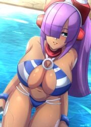 1girls android big_breasts bikini dark-skinned_female layer mega_man mega_man_x mega_man_x_dive purple_hair robarts_hallway swimsuit