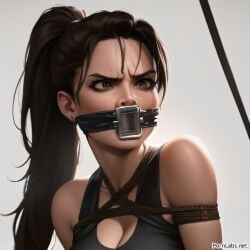 1girls ai_generated angry bondage bound crosseyed domination femsub gag gagged lara_croft lara_croft_(survivor) panel_gag rope rope_bondage slave slavegirl tied_up tomb_raider