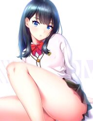 10s ass blouse bow bowtie cardigan female gridman_universe head_tilt highres leaning_to_the_side legs looking_at_viewer panties pantyshot pleated_skirt red_bow red_bowtie red_socks shirt sitting skirt socks solo ssss.gridman sweater takarada_rikka thick_thighs thighs ukamaru underwear white_shirt white_sweater