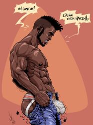 abs african african_male art_of_clx biceps big_bulge bulge bulging_biceps dark-skinned_male dark_skin dialogue english_text huge_bulge jockstrap male male_only melanin muscles muscular muscular_male pecs pulling_up_pants smooth_chest smooth_skin strip_game tight_pants_(meme)