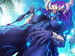 anthro areola aurelion_sol big_breasts blue_body breasts claws curvy_figure dragon female frevilisk genitals hair league_of_legends navel nipples non-mammal_breasts one_eye_closed presenting presenting_pussy pussy riot_games rule_63 scalie smile smiling_at_viewer solo tail thick_thighs