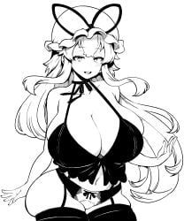 1girls belly_button black_and_white bonnet collarbone female garter_straps himajin_noizu huge_breasts lingerie long_hair midriff monochrome navel simple_background thick_thighs touhou wide_hips yukari_yakumo