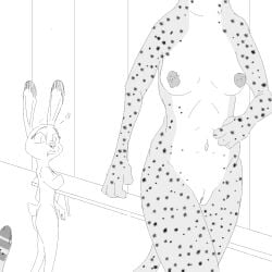 anthro bench bodily_fluids breasts cheetah disney drooling duo felid feline female genitals heart judy_hopps kii_catano lagomorph leporid locker_room mammal navel nipples nude pussy rabbit saliva thermite walking_away zootopia