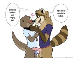 anthro balls blush bottomless chastity_cage chastity_device clothed clothing dialogue duo english_text felix_(nik159) foreskin genitals hi_res humanoid_genitalia humanoid_penis key male male/male mammal mustelid nik_(nik159) nikraccoom otter penis procyonid raccoon simple_background text unretracted_foreskin white_background