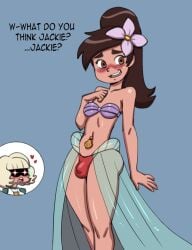 1boy 1femboy 1girls ass blush brown_hair bulge butt darkeros13 dialogue eyebrows female femboy femboy_mermaid feminine_male flower flower_in_hair jackie_lynn_thomas light-skinned_female light-skinned_male light_skin long_hair marco_diaz orange_eyes panties panty_bulge ponytail princess_marco seashell_bra star_vs_the_forces_of_evil text thighs wide_hips