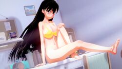 1girls 3d azumanga_daiou bedroom bikini_top black_hair blush bottomless bottomless_female desk female female_only functionally_nude functionally_nude_female human indoors koikatsu long_hair looking_at_viewer pose sakaki sitting_on_desk solo_female tagme