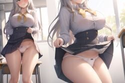 1girls ai_generated big_breasts blush classroom elaina_(majo_no_tabitabi) green_eyes school_uniform showing_panties skirt skirt_lift thighs white_hair