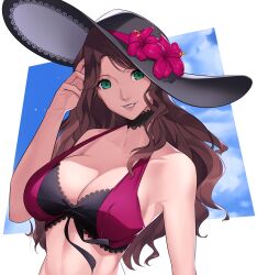 1girls absurdres alternate_costume bare_shoulders bikini breasts brown_hair cleavage collarbone dorothea_arnault dorothea_arnault_(summer) female female female_only fire_emblem fire_emblem:_three_houses fire_emblem_heroes flower green_eyes grin hand_in_own_hair hat hat_flower hibiscus highres large_breasts long_hair nintendo official_alternate_costume smile solo sun_hat swimsuit two-tone_bikini upper_body wanderstillart white_background