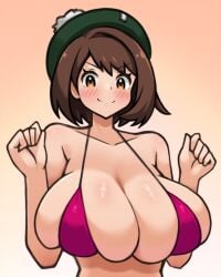 1girls alternate_breast_size big_breasts bikini bikini_top blush breasts breasts_bigger_than_head female female_only game_freak giant_breasts gloria_(pokemon) hatara_ra huge_breasts hyper_breasts large_breasts nintendo pokemon pokemon_ss solo tight_fit