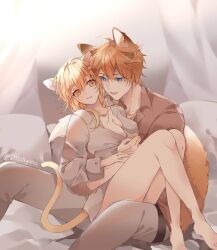 1boy 1girls animal_ears bare_legs blonde_female blonde_hair blue_eyes bottomless boyfriends_shirt cat_ears cat_tail childe_(genshin_impact) cleavage embrace female fox_ears fox_tail genshin_impact ginger hugging lumine_(genshin_impact) male male/female naked_shirt on_lap orange_hair romantic sitting_on_lap straight suggestive tail tartaglia_(genshin_impact) wholesome