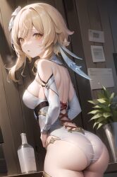 ai_generated ass ass_focus bare_shoulders blonde_hair blush breasts bubble_butt female from_behind genshin_impact hair_feathers hair_flower leotard looking_at_viewer lumine_(genshin_impact) medium_breasts open_mouth shiny shiny_clothes shiny_hair shiny_skin short_hair_with_long_locks sideboob solo thighhighs vambraces yellow_eyes