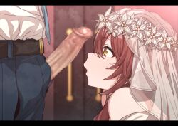 1boy belt_buckle blue_pants blush bridal_veil brown_hair buckle censored dress erection erere female formal idolmaster idolmaster_shiny_colors letterboxed looking_at_penis mosaic_censoring osaki_tenka pants penis penis_awe producer_(idolmaster) profile shirt solo_focus steam sweatdrop veil wedding_dress white_dress white_shirt yellow_eyes