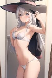 ai_generated blue_eyes bra elaina_(majo_no_tabitabi) medium_breasts mirror_selfie panties partially_nude petite white_hair white_skin wizard_hat