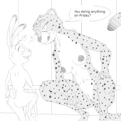 anthro bench breasts cheetah crouching dialogue disney duo felid feline female genitals heart judy_hopps kii_catano lagomorph leporid locker_room mammal navel nervous nipples nude pussy rabbit size_difference suggestive text thermite zootopia