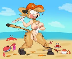 beach big_breasts breasts crab embarrassed_nude_female enf female furry hat naked_cap naked_footwear naked_hat nude oc original original_character purple_yoshi_draws sega sonic_(series) spazz_the_cheetah thick_thighs