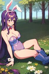 1girls ai_generated big_breasts bowtie breasts bunny_ears bunnysuit doki_doki_literature_club easter female female_only flower flowers latex long_hair nature nature_background pixai purple_boots purple_bunnysuit purple_eyes purple_hair red_bowtie sitting_on_grass solo spring touching_grass tree trees yuri_(doki_doki_literature_club)