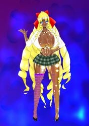 abs bimbo bimbo_body dark-skinned_female drill_curls female fishnet_stocking ganguro gyaru high_heels hourglass_figure huge_ass huge_breasts midriff miniskirt navel open_clothes plaid_skirt thick_thighs whale_tail wide_hips