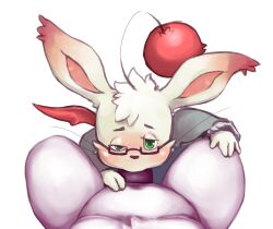 2018 anthro bodily_fluids chubby_male clothing deep_blowjob deepthroat eye_contact eyewear fellatio first_person_view fur genitals glasses green_eyes hand_on_knee hand_on_leg hi_res ivalician_moogle lambent looking_at_viewer male nude one_eye_half-closed oral oral_sex penile penis pov pov_blowjob sex simple_background solo tears topwear white_background white_body white_fur wings