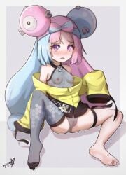 absurdres barefoot blue_hair blush boppin breasts cleft_of_venus creatures_(company) feet female game_freak highres iono_(pokemon) light_blue_hair long_hair long_sleeves looking_at_viewer multicolored_hair nintendo nipples parted_lips pink_eyes pink_hair pokemon pokemon_(game) pokemon_sv pussy see-through single_thighhigh small_breasts soles thighhighs toe_socks toes two-tone_hair