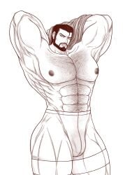 beard fatal_fury gay hairy_chest lasupay3 lawrence_blood line_art male_focus male_only muscular_male penis_through_underwear