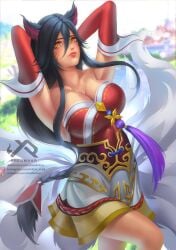 9_tails ahri animal_ear_fluff animal_ears animal_girl arms_behind_head big_breasts black_hair breasts busty child_bearing_hips cleavage clothing curvaceous curves curvy curvy_body curvy_female curvy_figure curvy_hips eyelashes eyeliner eyeshadow facial_markings female female_only fluffy fluffy_ears fluffy_tail fluffy_tails fox fox_ears fox_girl fox_tail furry_tail hips hourglass_figure humanoid inner_ear_fluff kemonomimi kitsune large_breasts league_of_legends light-skinned_female light_skin lips lipstick long_hair multiple_tails nine_tailed_fox pale-skinned_female pale_skin presenting riot_games seduction seductive seductive_eyes seductive_look solo solo_focus tail tease teasing teasing_viewer thighs vastaya video_games voluptuous xredmhar yellow_eyes